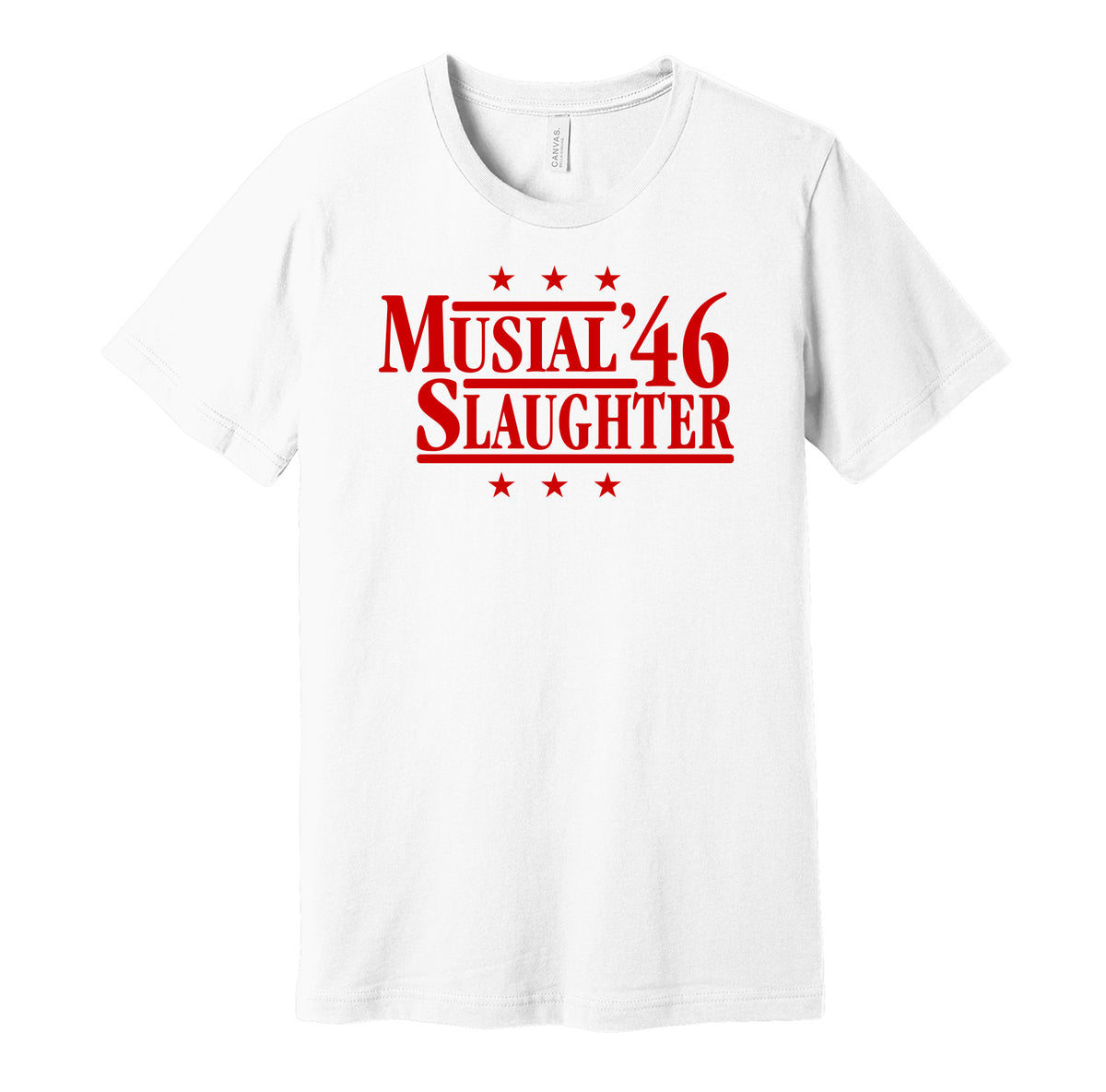 Musial & Slaughter '46 - St. Louis Baseball Legends Political Campaign Parody T-Shirt - Hyper Than Hype Shirts L / Red Shirt