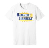 coach jim harbaugh justin herbert for president 2028 los angeles chargers fan parody white shirt