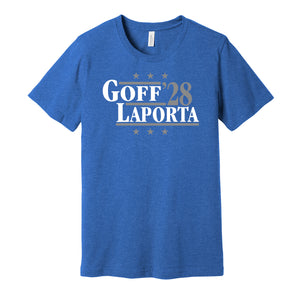 jared goff sam laporta for president 2028 detroit lions fan parody blue shirt