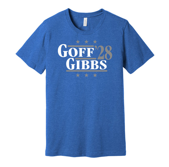 jared goff jahmyr gibbs for president 2028 detroit lions fan parody blue shirt