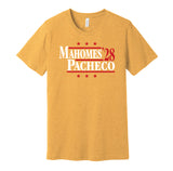 patrick mahomes isiah pop pacheco for president 2028 kansas city chiefs fan parody gold shirt