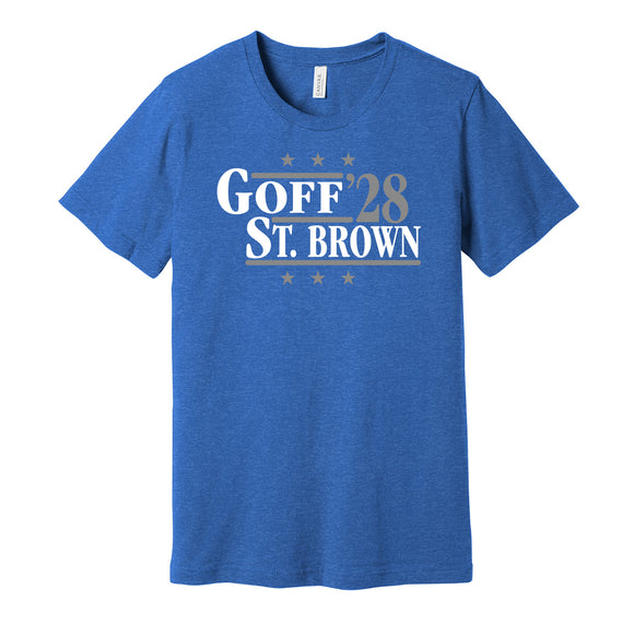 jared goff amon ra st brown for president 2028 detroit lions fan parody blue shirt