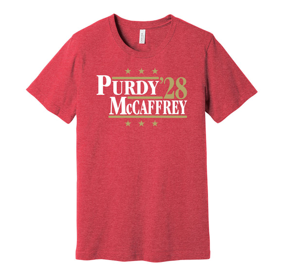 brock purdy christian mccaffrey for president 2028 san francisco 49ers fan parody red shirt