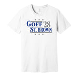 jared goff amon ra st brown for president 2028 detroit lions fan parody white shirt